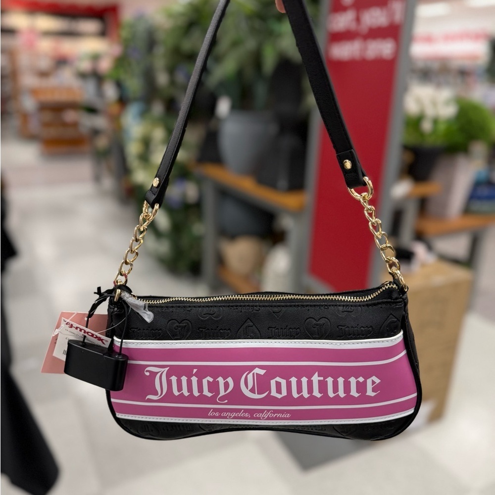 Juicy Couture Pink and Black Shoulder Bag with Gold Chain
